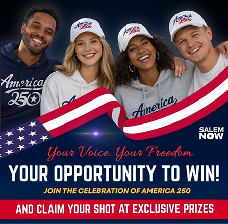 Four people in America 250 hats with patriotic banner and text: “Your opportunity to win!”