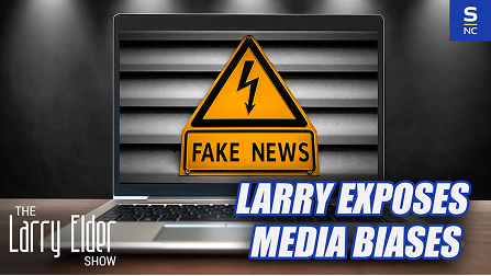 Laptop with warning sign and “FAKE NEWS” label; text reads “Larry Exposes Media Biases.”