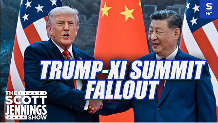 Trump and Xi face off in a split U.S.-China summit graphic with “TRUMP-XI SUMMIT FALLOUT” text.