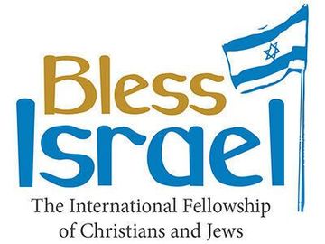 Bless Israel logo with blue and gold text and an Israeli flag; “The International Fellowship of Christians and Jews”
