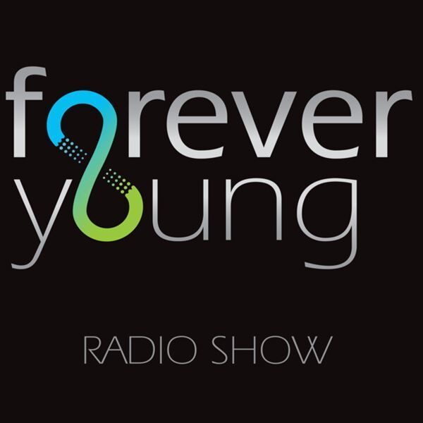 Forever Young radio show logo in gray, cyan, and green on a black background