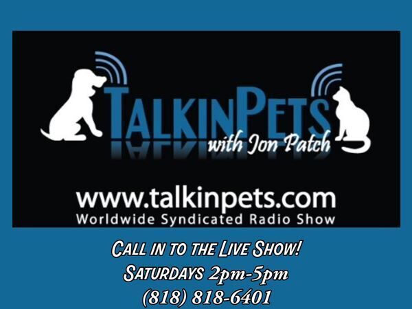 Talkin Pets radio show banner with dog and cat silhouettes, website, and show times on black background