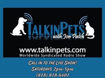 TalkinPets radio show banner with blue logo, pet silhouettes, website, and live call-in schedule