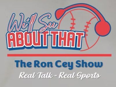 Logo for “We’ll Say About That” The Ron Cey Show, with red baseball and headphones on blue background