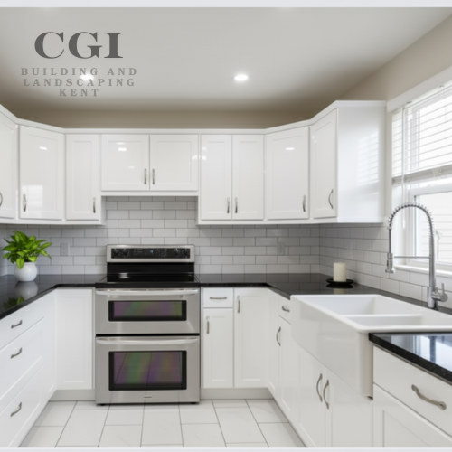 After photo of a modern white kitchen in Kent with sleek cabinets and tiled walls, renovated by a Medway building and landscaping company