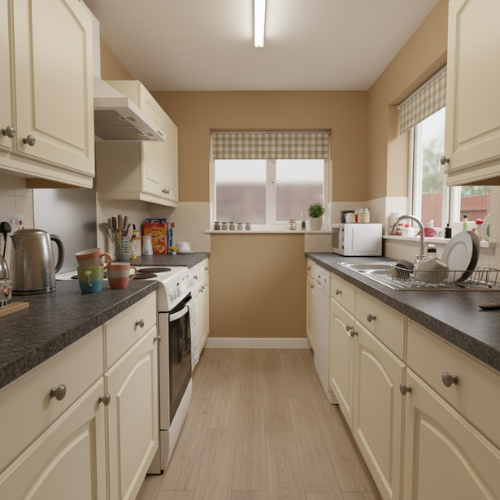 Before photo of a small galley kitchen in Kent with wooden cabinets, showing the original space before a kitchen and dining extension by a Medway builder.