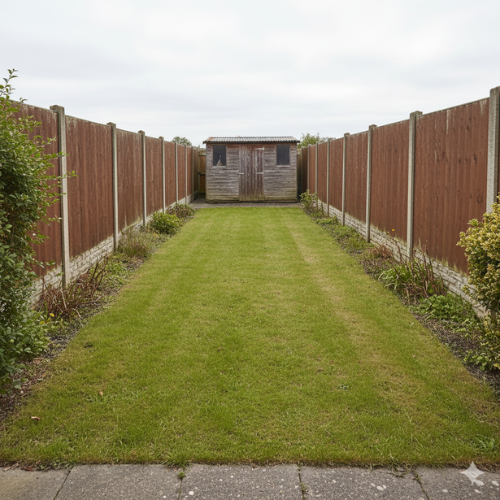 Before photo of a back garden in Kent showing a plain lawn and fencing, prior to a professional landscaping transformation by a Medway builder.