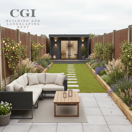 After photo of a landscaped back garden in Kent featuring new paving, plants, and outdoor seating, created by a Medway building and landscaping company.