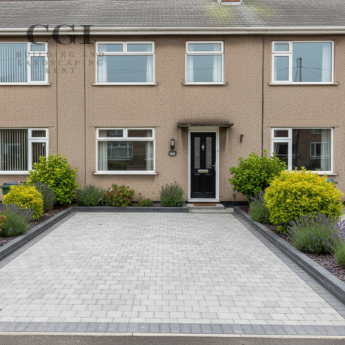 After photo of a block-paved driveway with modern edging and plants outside a Kent home, designed by a Medway building and landscaping company.