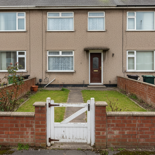 Before photo of a front garden in Kent with grass and a gate, before being converted into a paved driveway by a Medway builder.