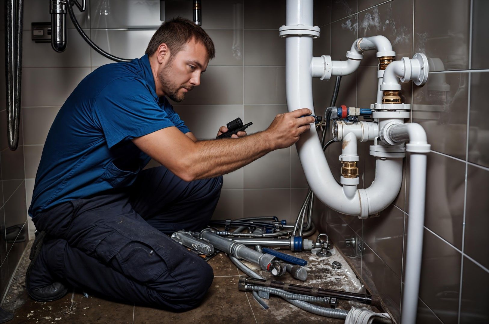 A person in a blue shirt kneels on a tiled floor, repairing plumbing pipes under a sink.