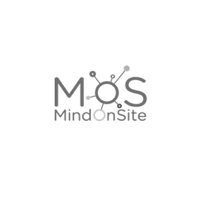 Logo pour Mind on Site, avec « MOS » avec des cercles connectés et le texte « Mind on Site » en dessous.