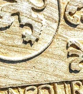 Primer plano de un relieve de piedra tallada que presenta un león heráldico ornamentado y símbolos decorativos con inscripciones parciales debajo.