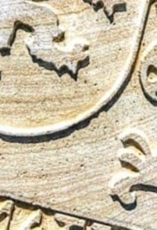 Primer plano de un relieve de piedra tallada con motivos texturizados y sinuosos, y formas orgánicas y redondeadas en tonos beige cálidos.