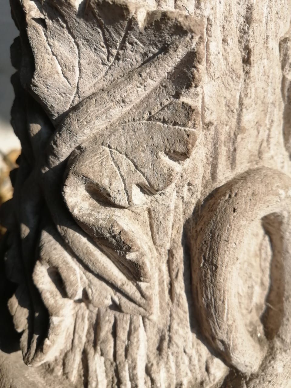 Primer plano de una talla en piedra que representa un tronco de árbol texturizado envuelto en enredaderas frondosas estilizadas.