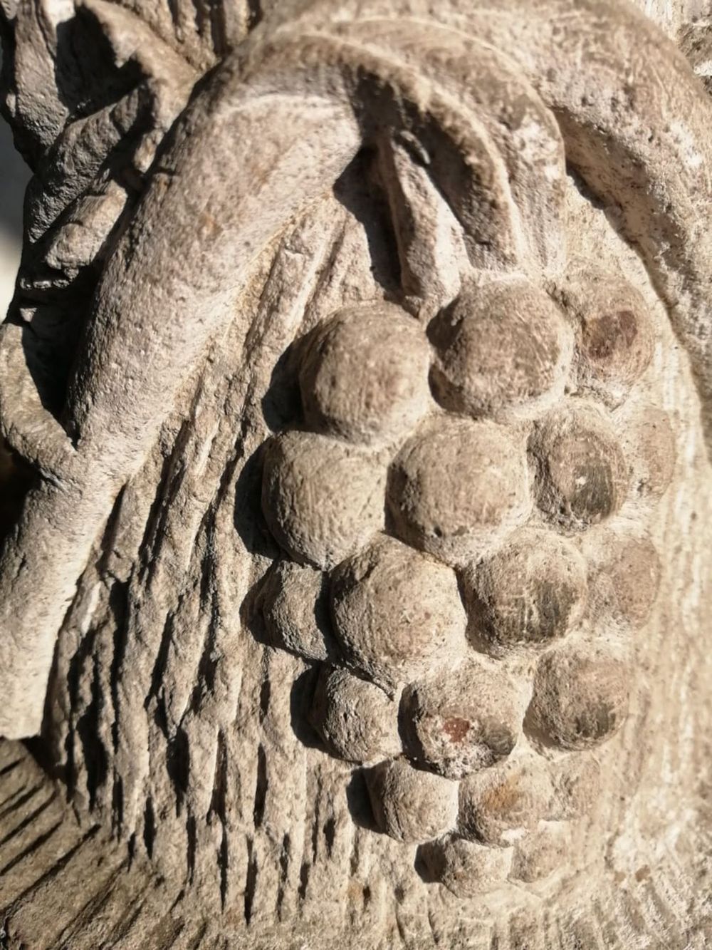 Un relieve de piedra desgastada que representa un racimo de uvas rodeado de hojas de vid texturizadas.