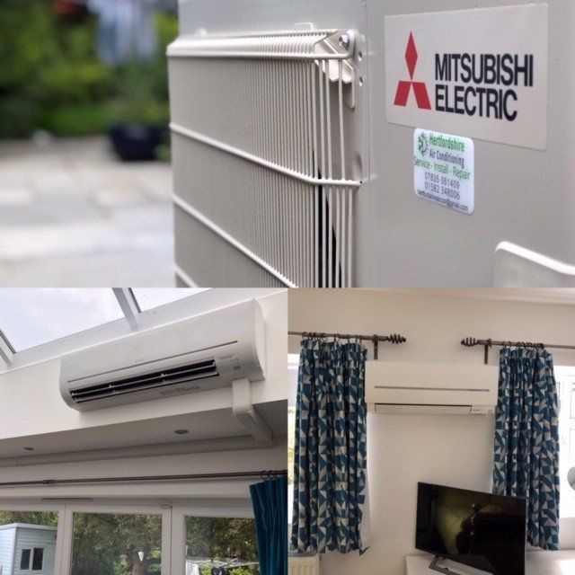 A collage of 3 different AC unit installations - one large image at the top, 2 half-sized images below.