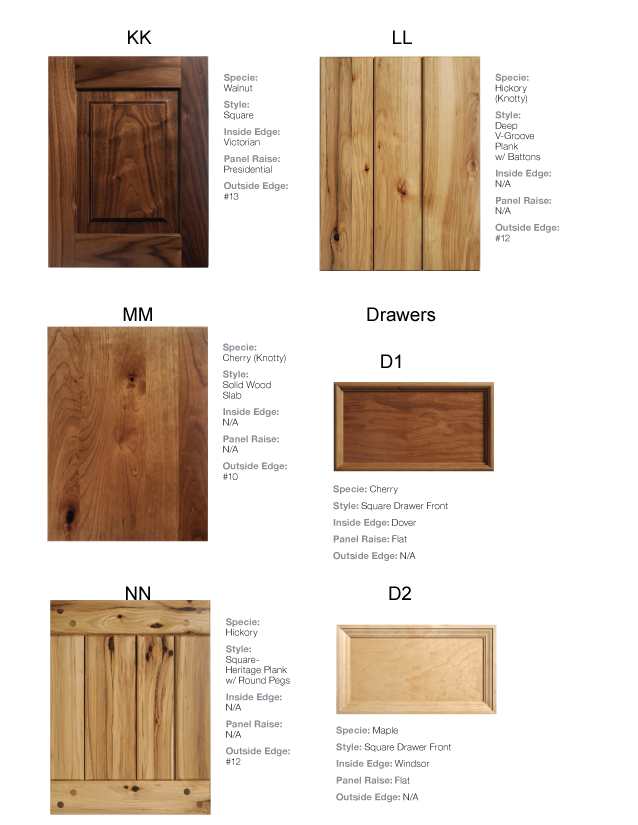 Amish Shawnee Wood Products Cabinetry Door Profiles deep v groove, plank with pegs, flat