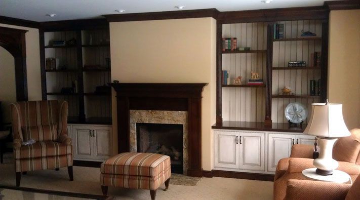 Amish Shawnee Wood Products Ohio Home Family Room with built-in Fireplace Surround and shelves