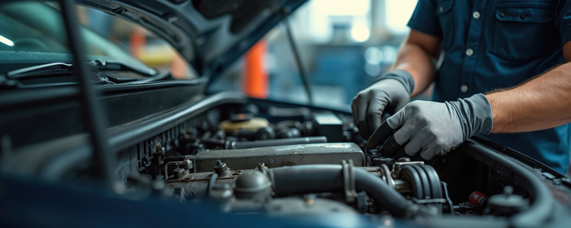 Mechanic with gloved hands working on a car engine in a garage.