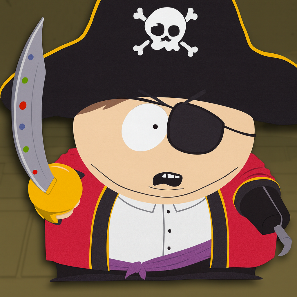 Eric Cartman as a pirate, wearing a black hat, red coat, eye patch, holding a sword.