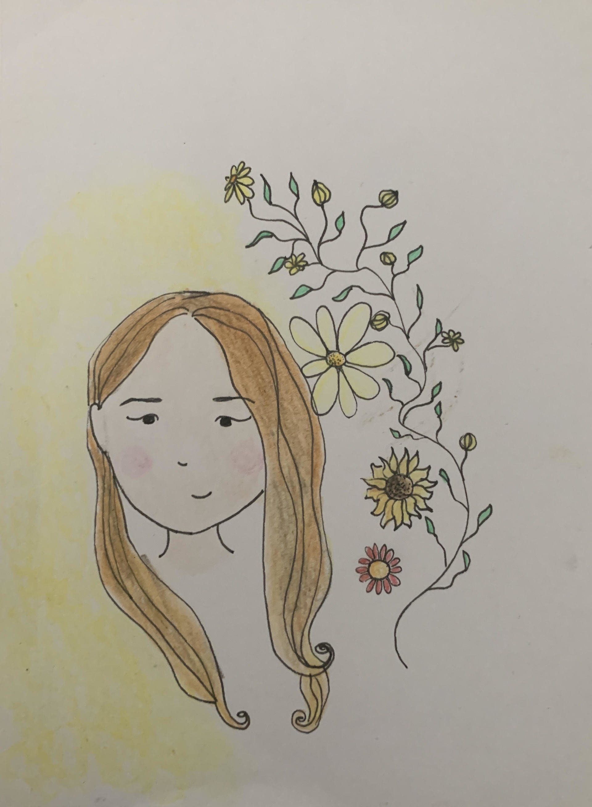 Desenho de uma mulher com flores no cabelo