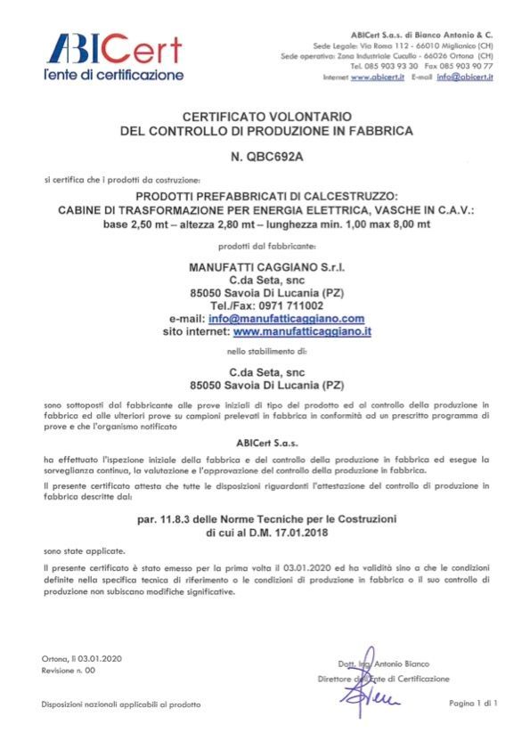 Certificato volontario del controllo di produzione in fabbrica