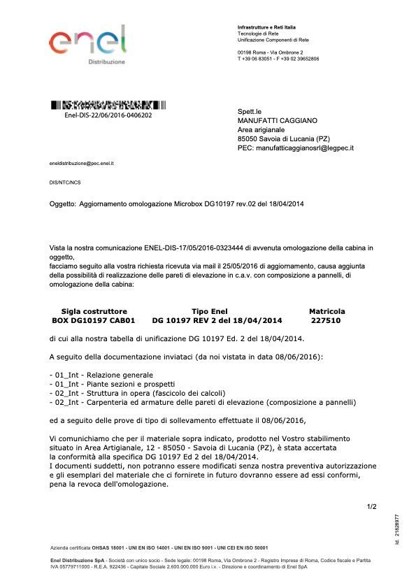 Omologazioni E-distribuzione delle cabine elettriche DG 10197