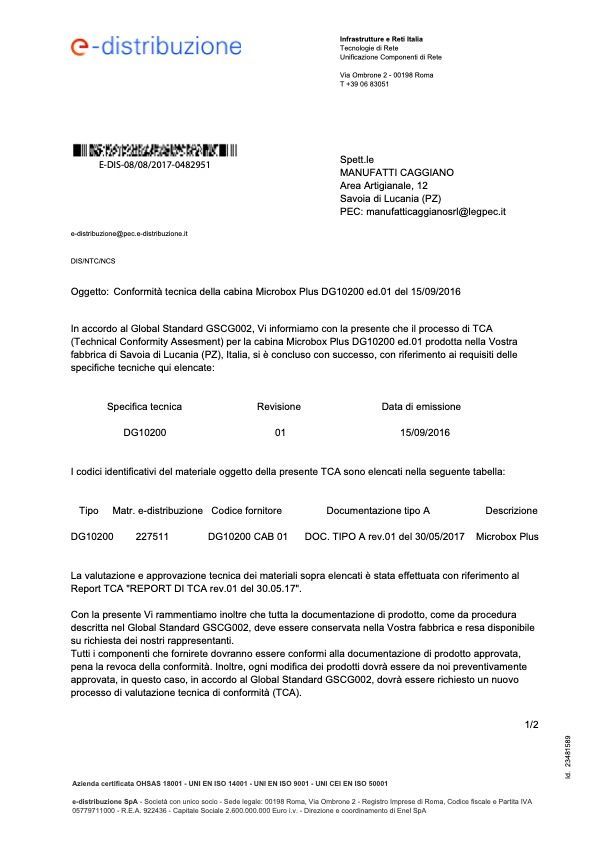 Omologazioni E-distribuzione delle cabine elettriche DG 10200
