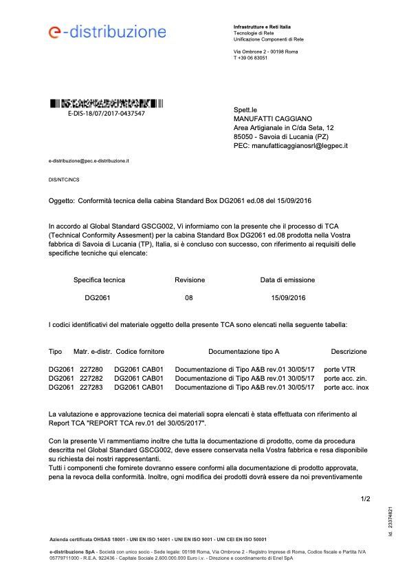 Omologazioni E-distribuzione delle cabine elettriche DG 2061