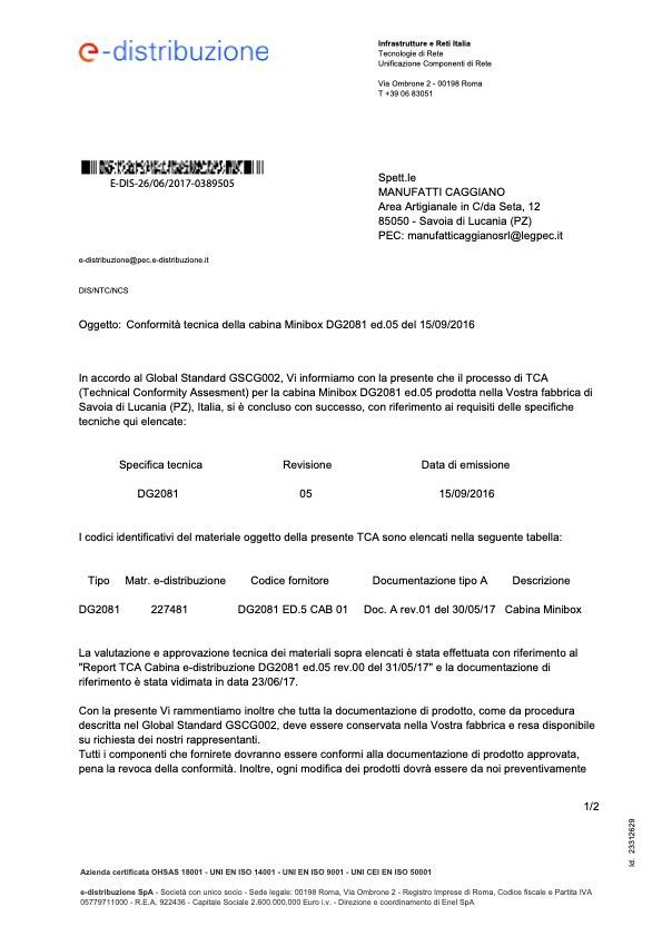 Omologazioni E-distribuzione delle cabine elettriche DG 2081