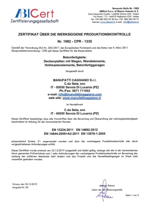 ZERTIFIKAT ÜBER WERKSEIGENE PRODUKTIONSKONTROLLE