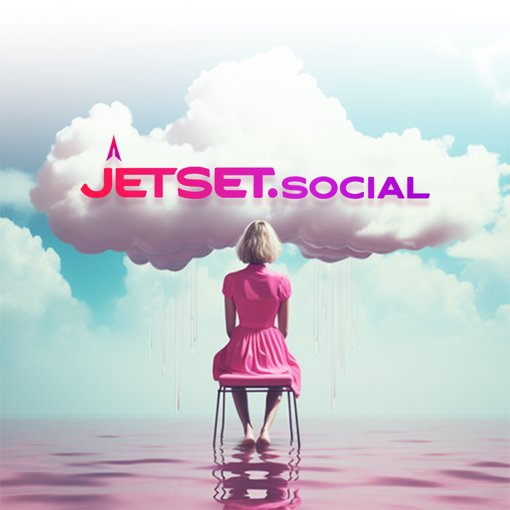 A woman in a pink dress is sitting on a chair with a cloud above her head ..