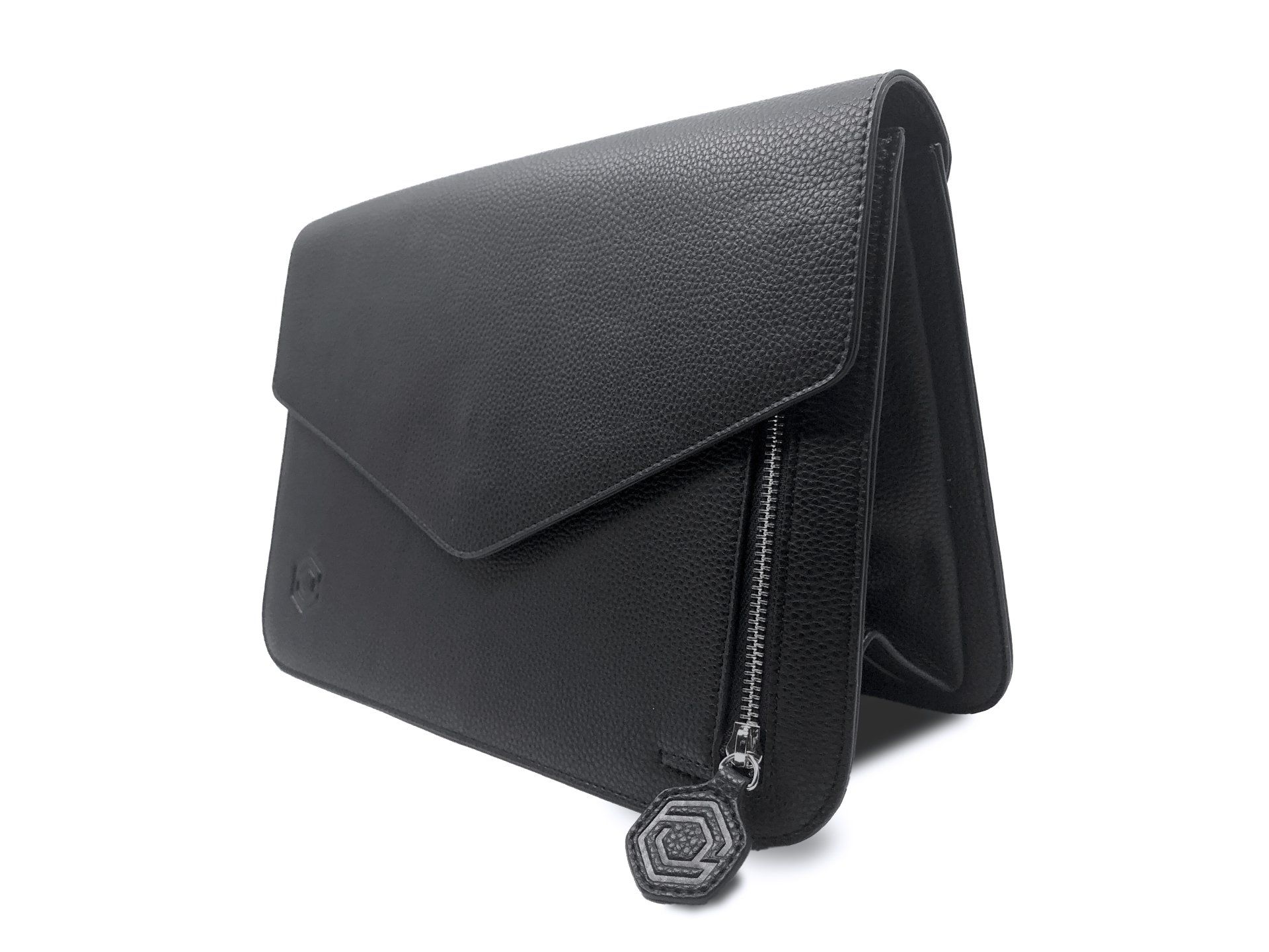 A black purse with a zipper on a white background.