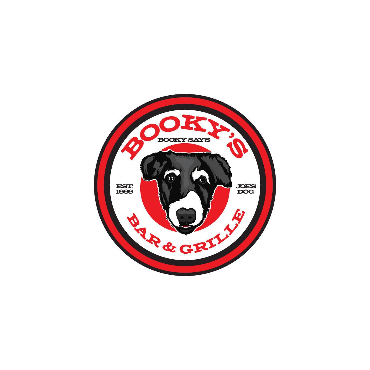 A logo for booky 's bar and grill with a black and white dog