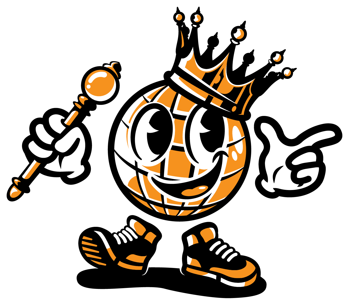 A cartoon illustration of a basketball wearing a crown and giving a thumbs up.
