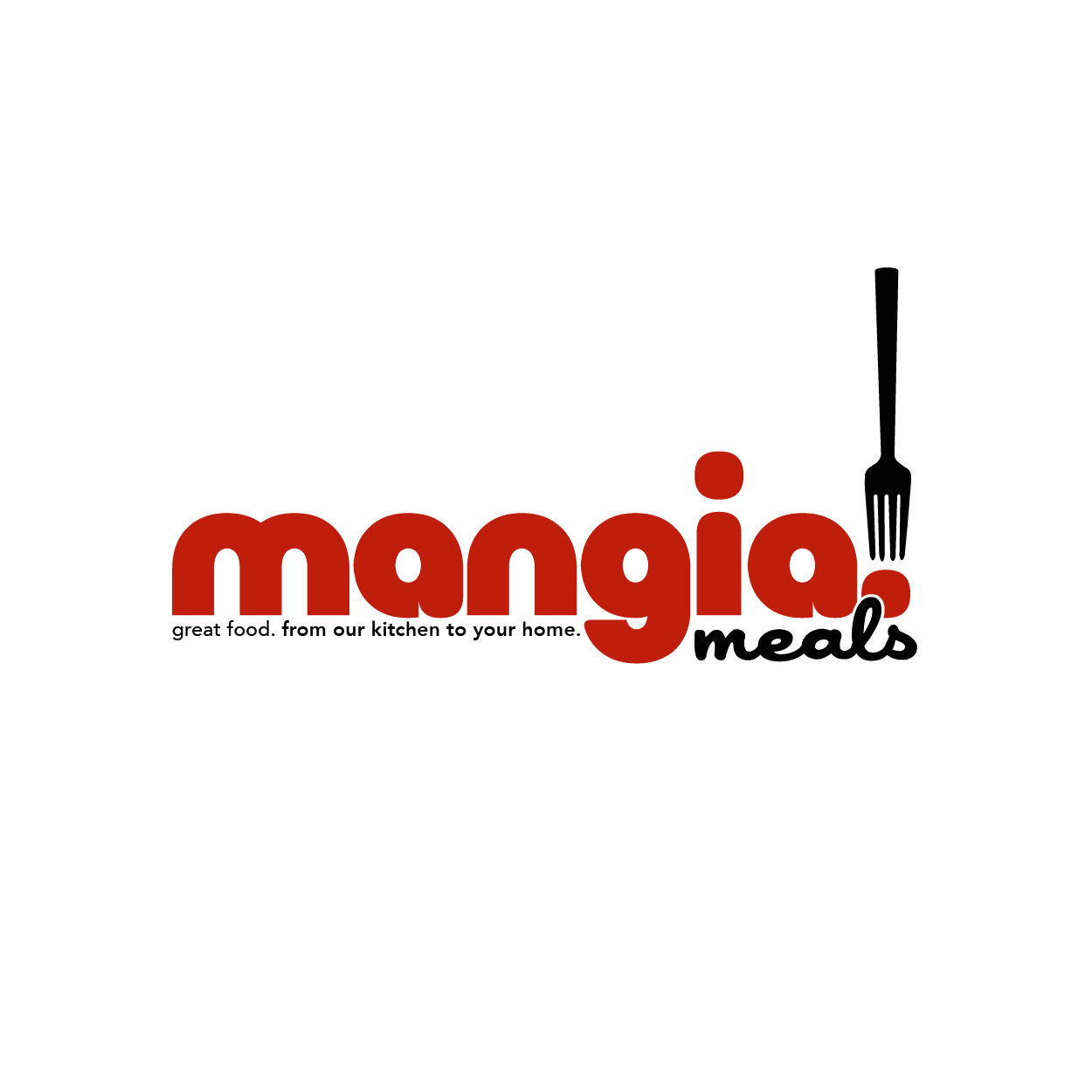 A logo for mangia meals with a fork in the middle.