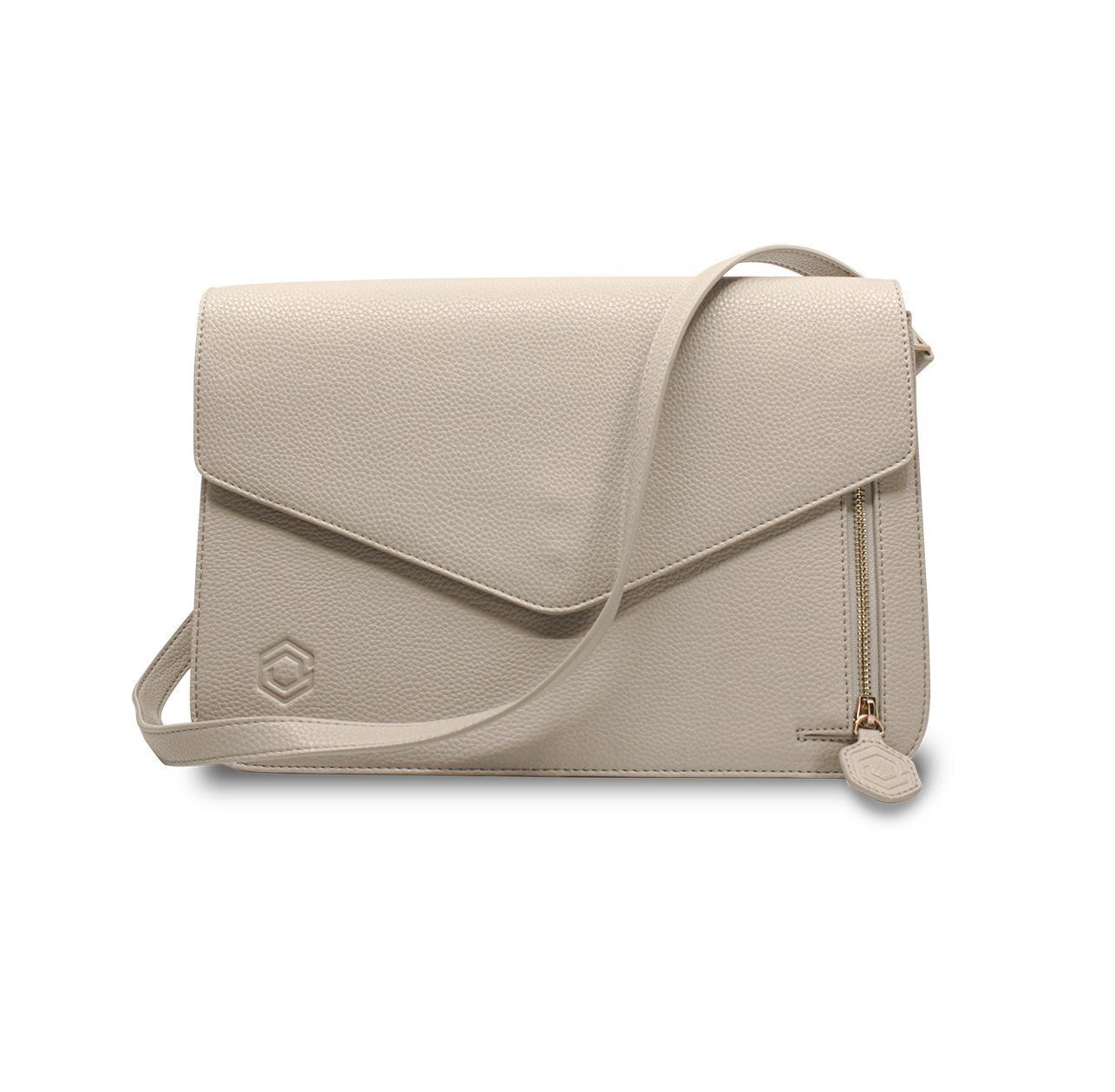 A white purse with a long strap on a white background