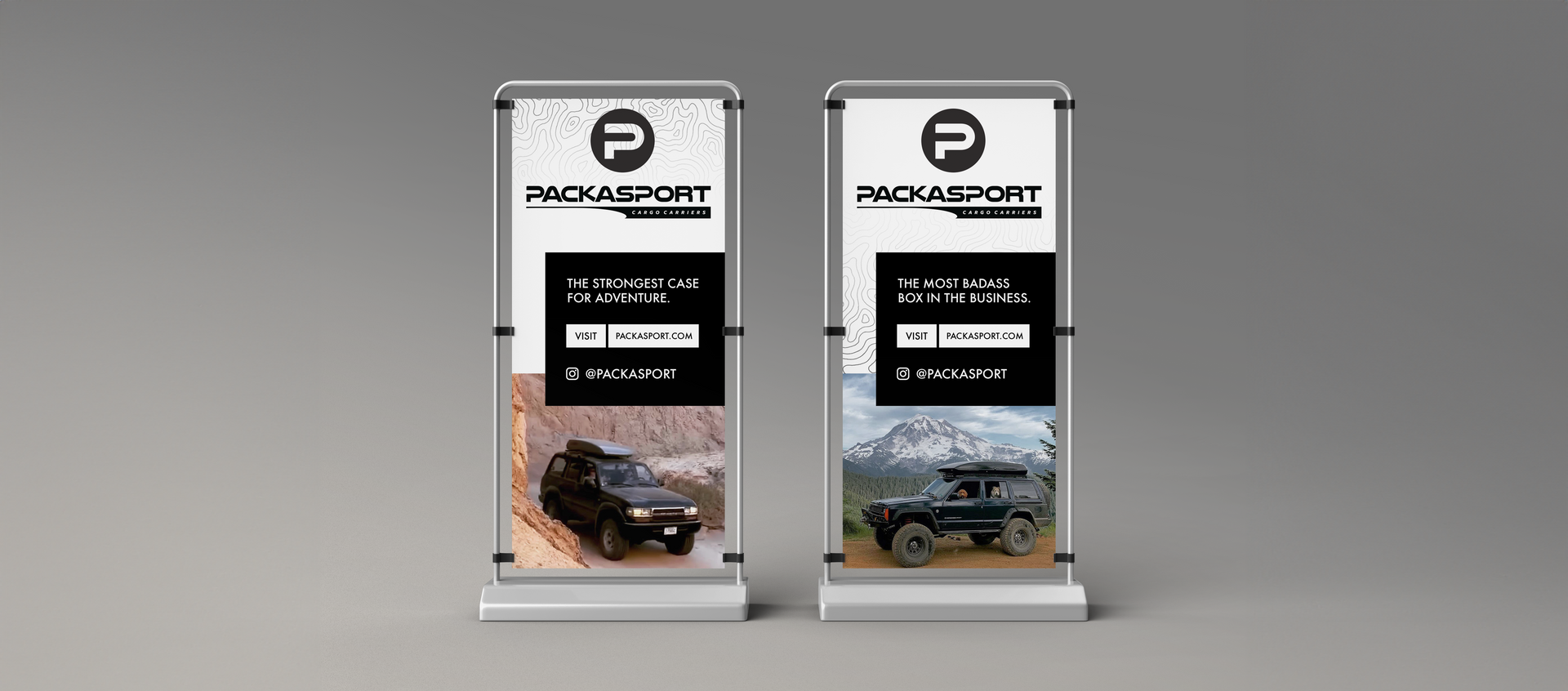 Packasport: two banners with  pictures of trucks with Packasports on them .