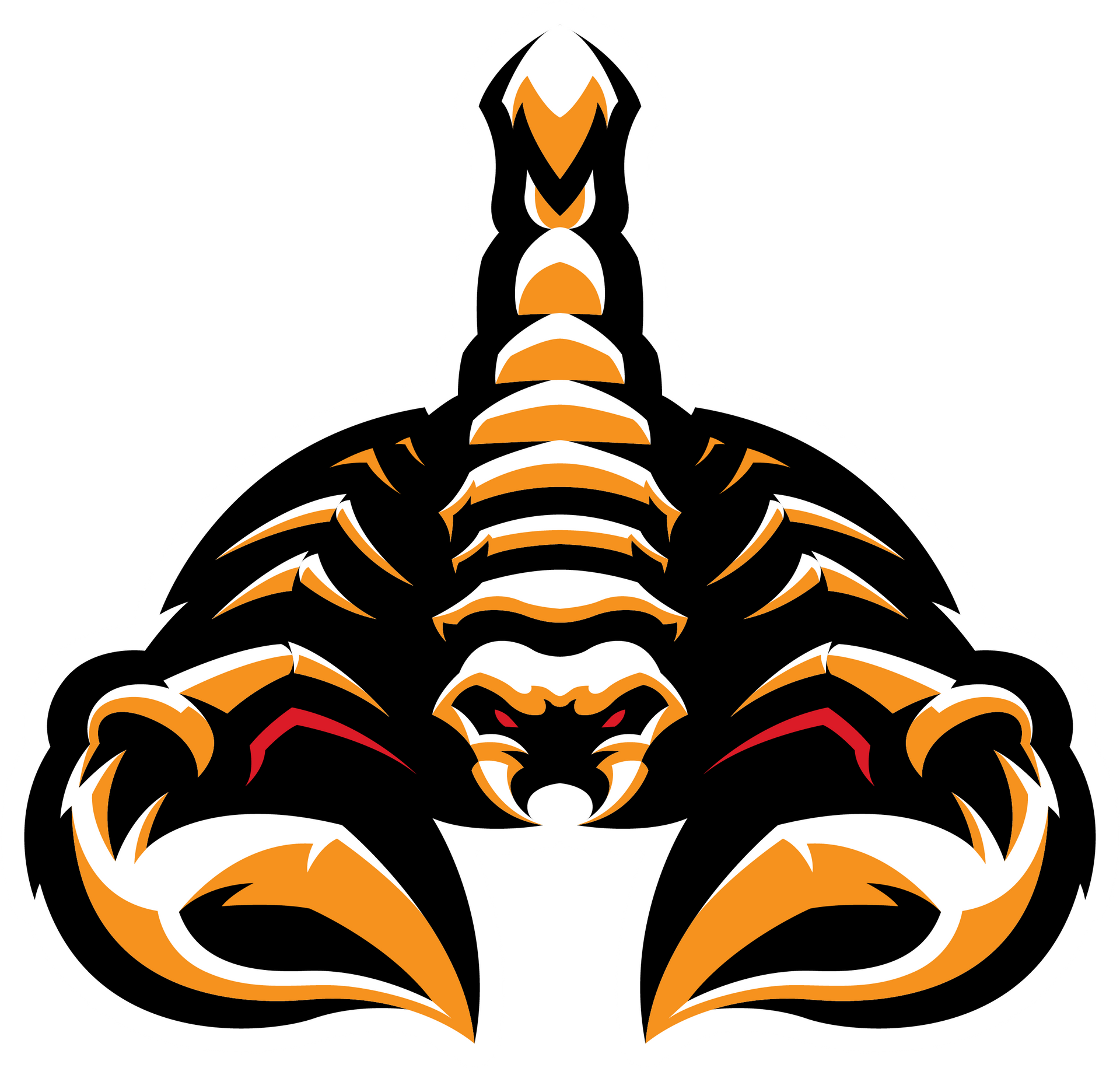 A black and yellow scorpion with sharp claws on a white background.