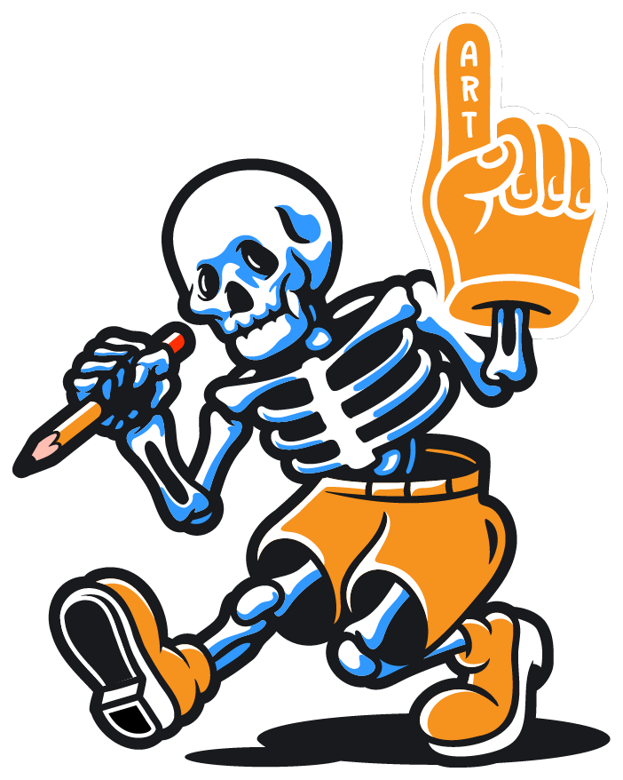 A skeleton is singing into a microphone and holding a foam finger.