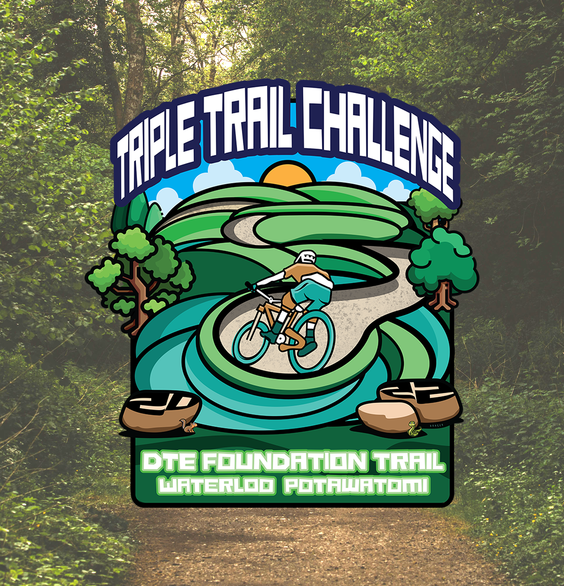 A logo for the triple trail challenge shows a person riding a bike on a trail