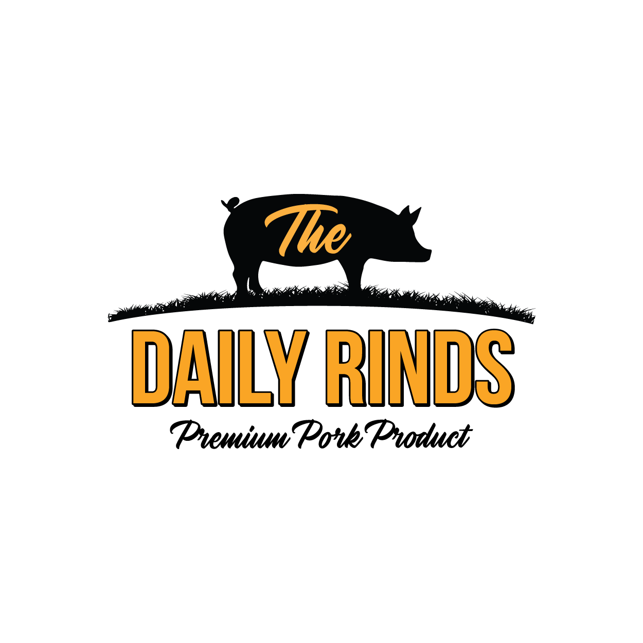 A logo for the daily rinds premium pork product with a pig on a hill.