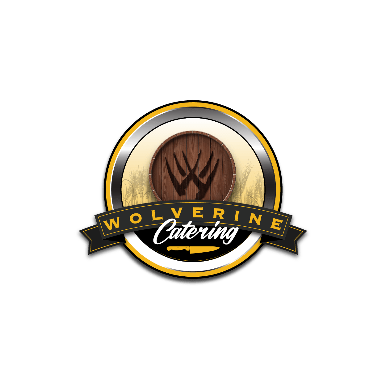 A logo for wolverine catering with a wooden barrel in the center