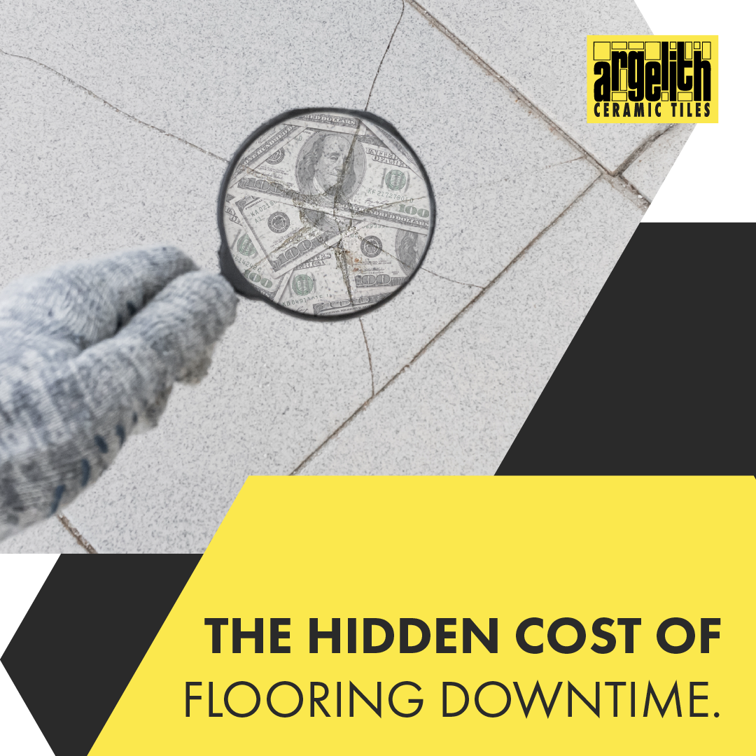 A hand with a magnifying glass examines tiled flooring, revealing money underneath. Text reads: THE HIDDEN COST OF FLOORING.