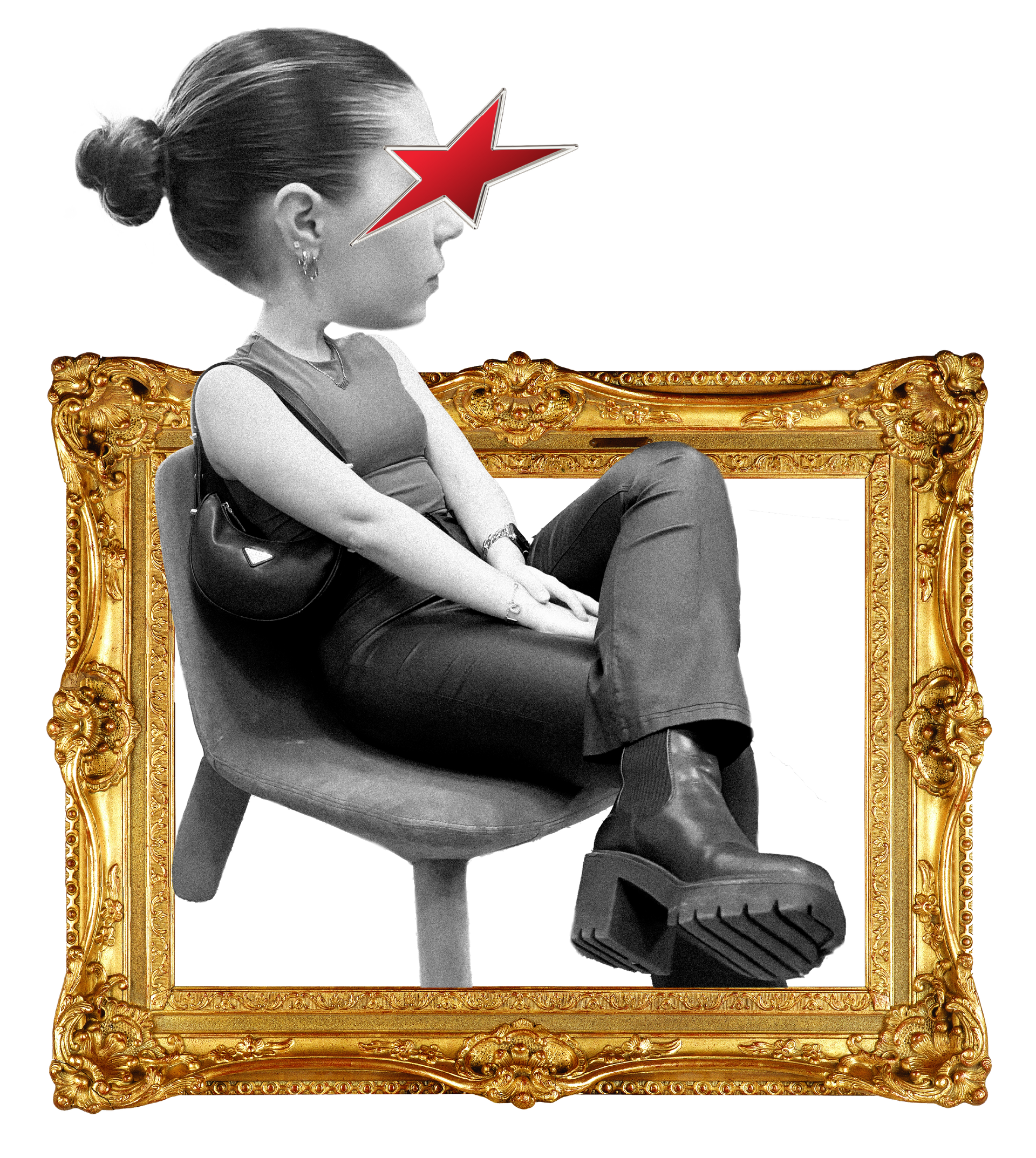 A person with a red star over their eye, sitting in a chair inside an ornate gold frame.