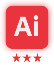 Adobe Illustrator app icon on a red background with three red stars below it.