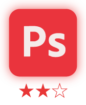 Adobe Photoshop icon on a red background with a two-out-of-three star rating underneath.