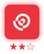 A red rounded square icon with a white target symbol, displayed above two solid red stars and one empty star outline.