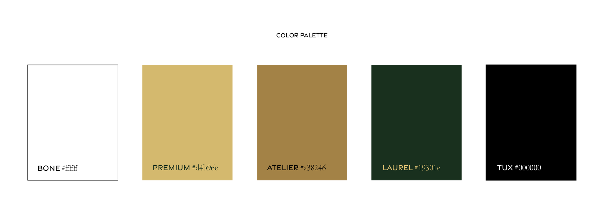 A color palette showing five rectangles: white, light gold, dark gold, dark green, and black, each labeled with a color name.